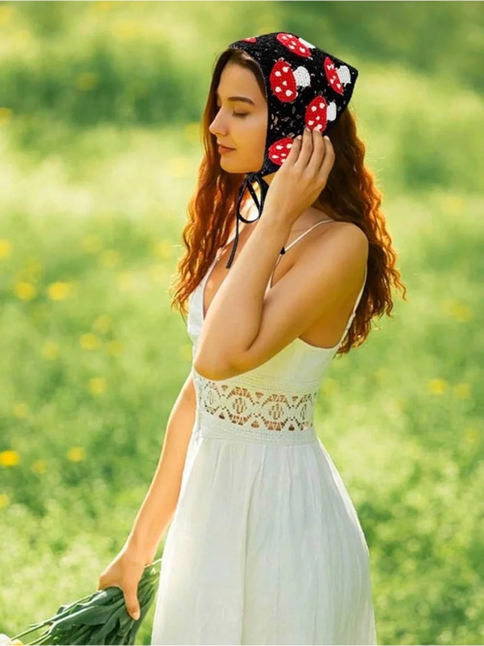 Crochet Bandana Hair Scarf mushrooms Knitted Head Kerchief Headband Headwrap